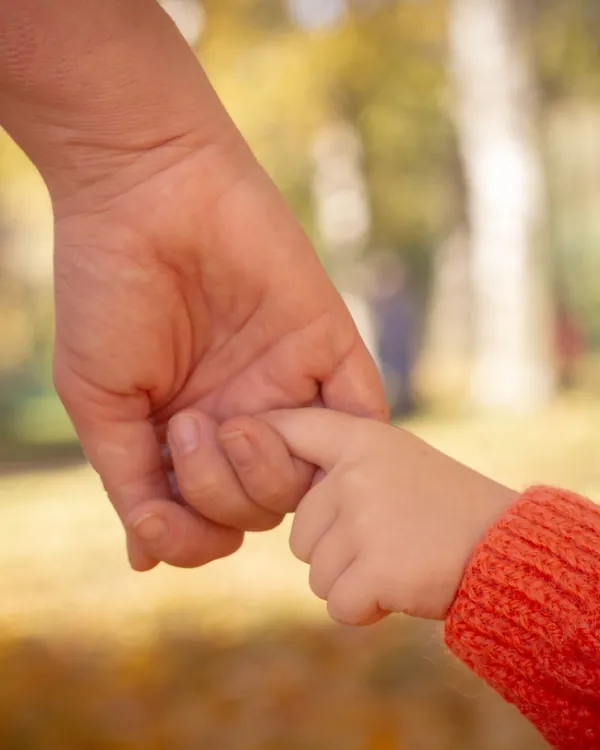 La main d'un enfant dans celle d'un adulte, dans un parc en automne; image d'ambiance