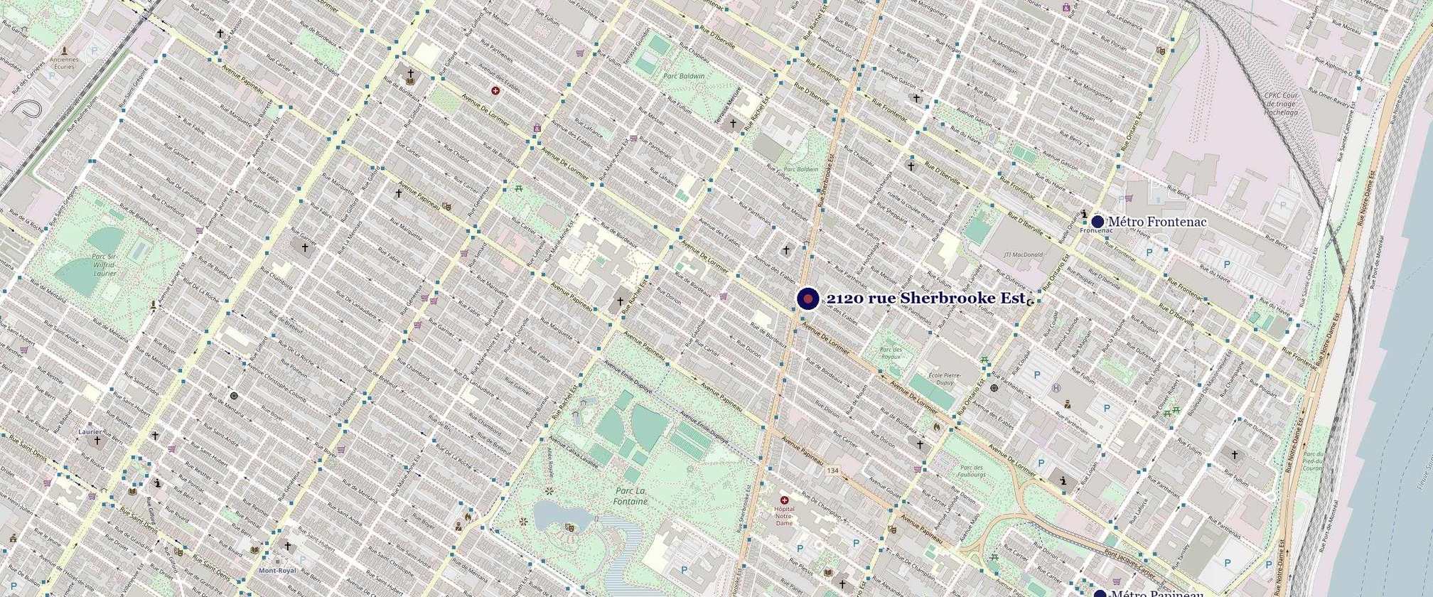 Carte du quartier : le 2120 rue Sherbrooke Est, à l'angle de De Lorimier, avec les métros Frontenac et Papineau
