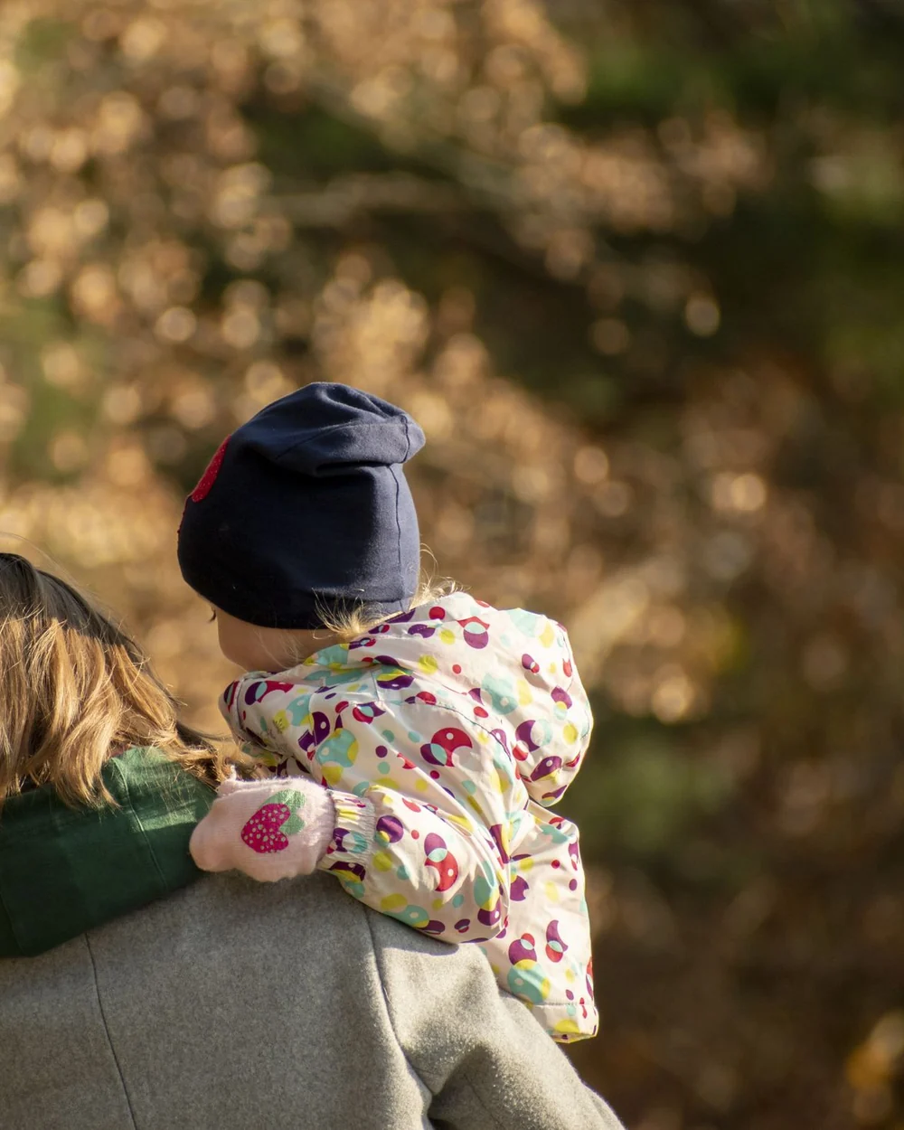 Un parent qui porte son jeune enfant, de dos, sous les arbres d'automne; image d'ambiance